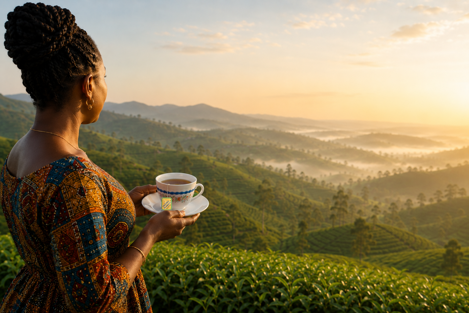 A woman enjoying a cup of Eagle Holdings tea overlooking Uganda's lush highland tea estates